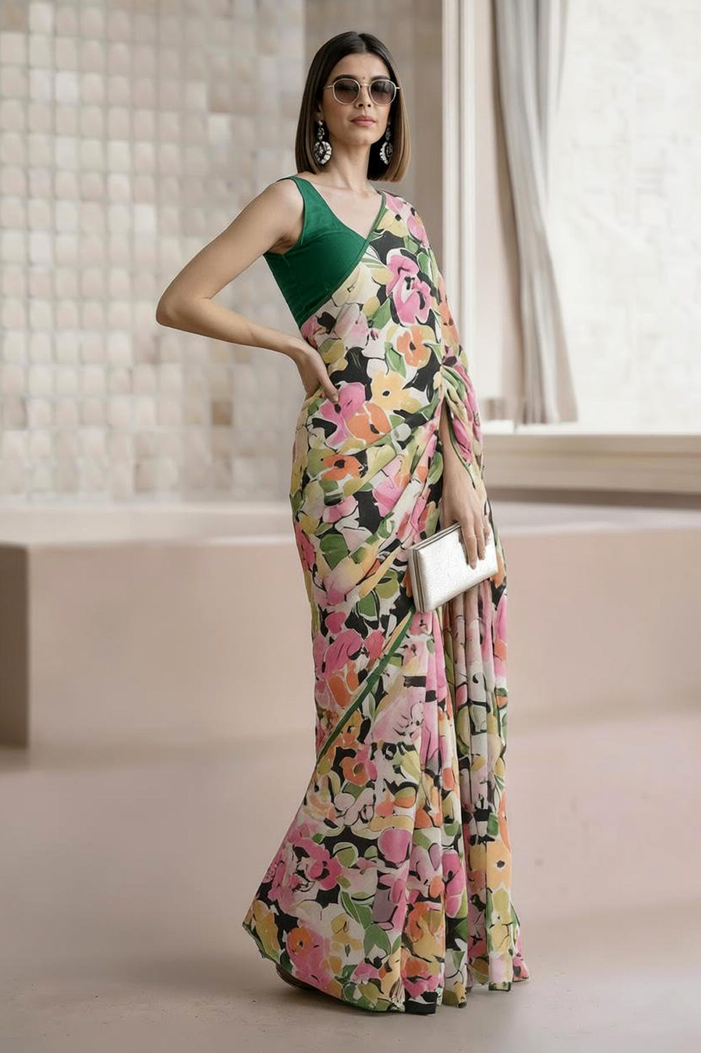 Ivory Multicolour Georgette Abstract Floral Print Saree