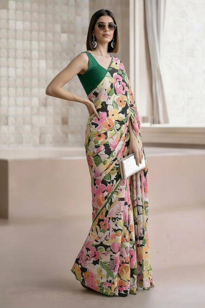 Ivory Multicolour Georgette Abstract Floral Print Saree