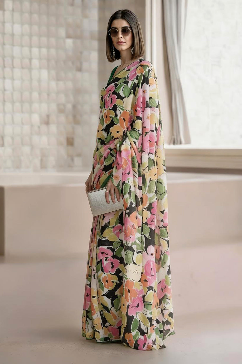 Ivory Multicolour Georgette Abstract Floral Print Saree