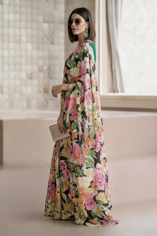 Ivory Multicolour Georgette Abstract Floral Print Saree
