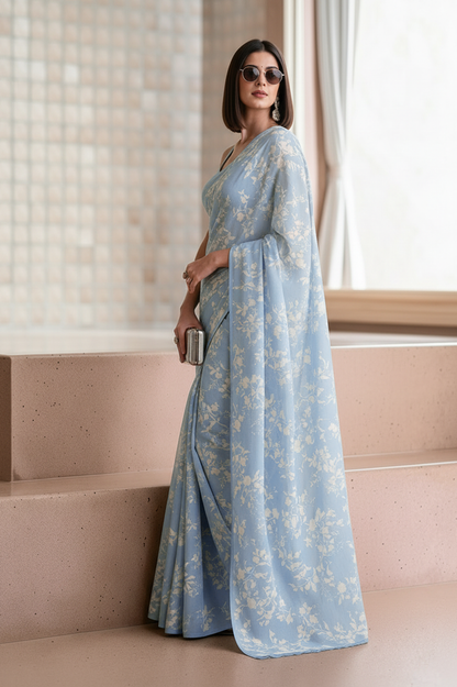 Powder Blue Georgette Floral Print Saree