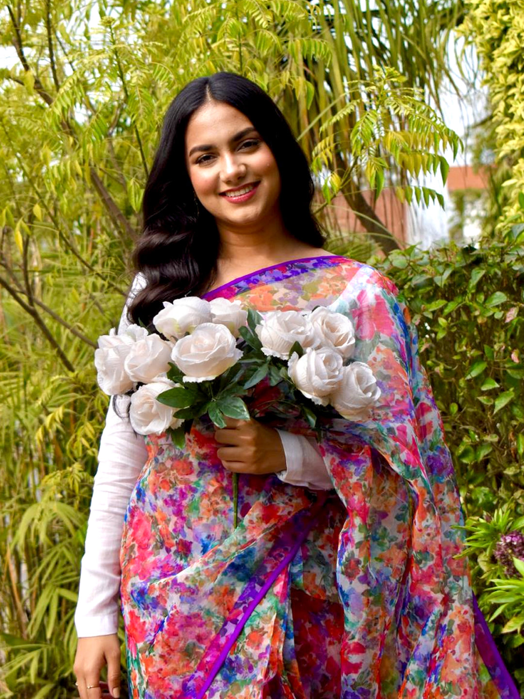 Vibrant Multicolor Organza Saree - Digital Floral Print with Purple Border