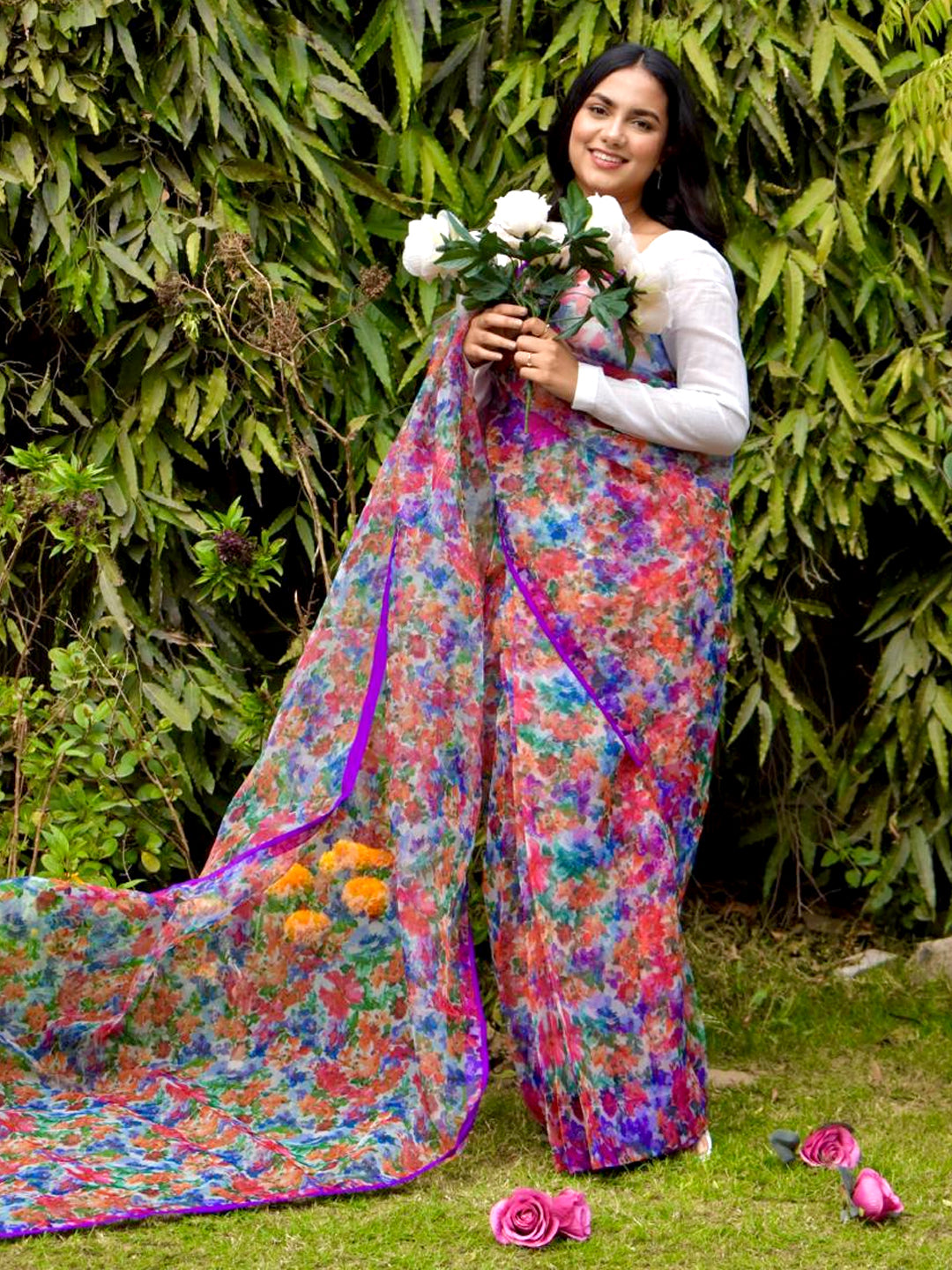 Vibrant Multicolor Organza Saree - Digital Floral Print with Purple Border