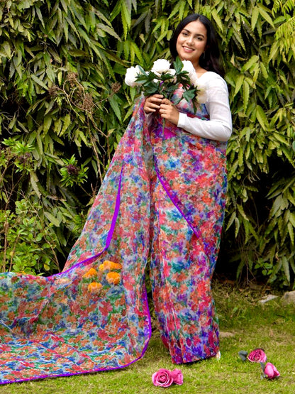 Vibrant Multicolor Organza Saree - Digital Floral Print with Purple Border