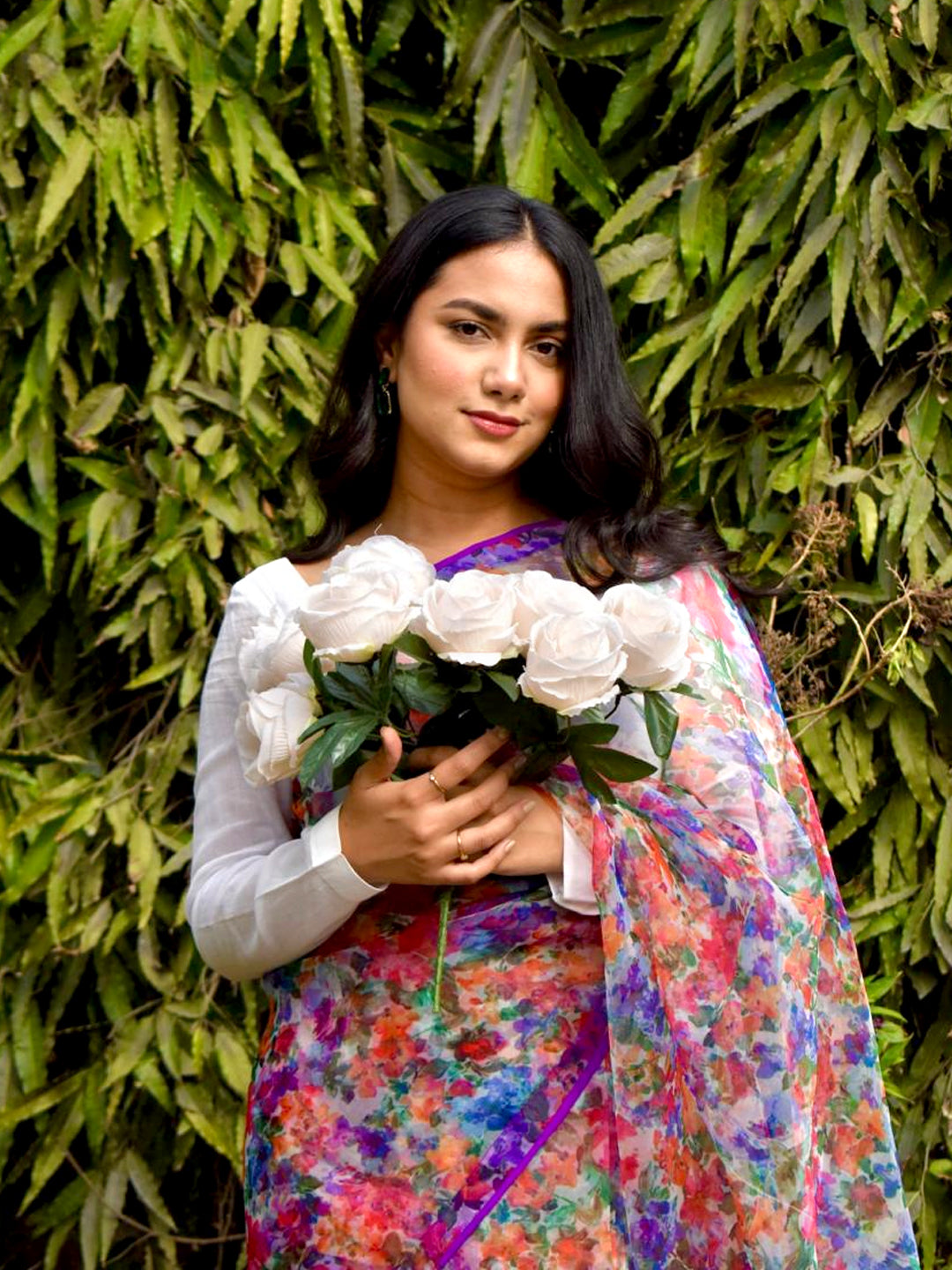 Vibrant Multicolor Organza Saree - Digital Floral Print with Purple Border
