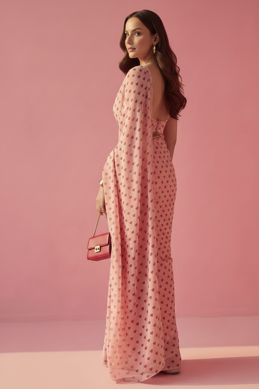 Blush Peach Mini Hearts Silk Blend Saree