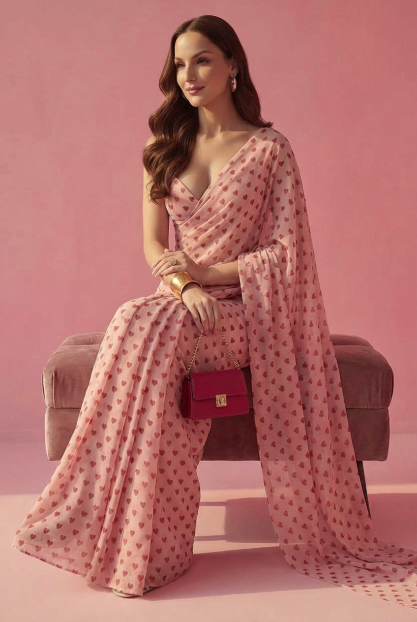 Blush Peach Mini Hearts Silk Blend Saree