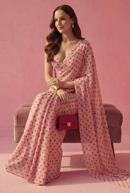 Blush Peach Mini Hearts Silk Blend Saree