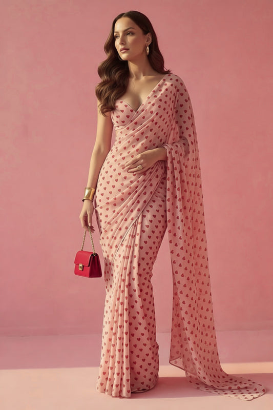 Blush Peach Mini Hearts Silk Blend Saree