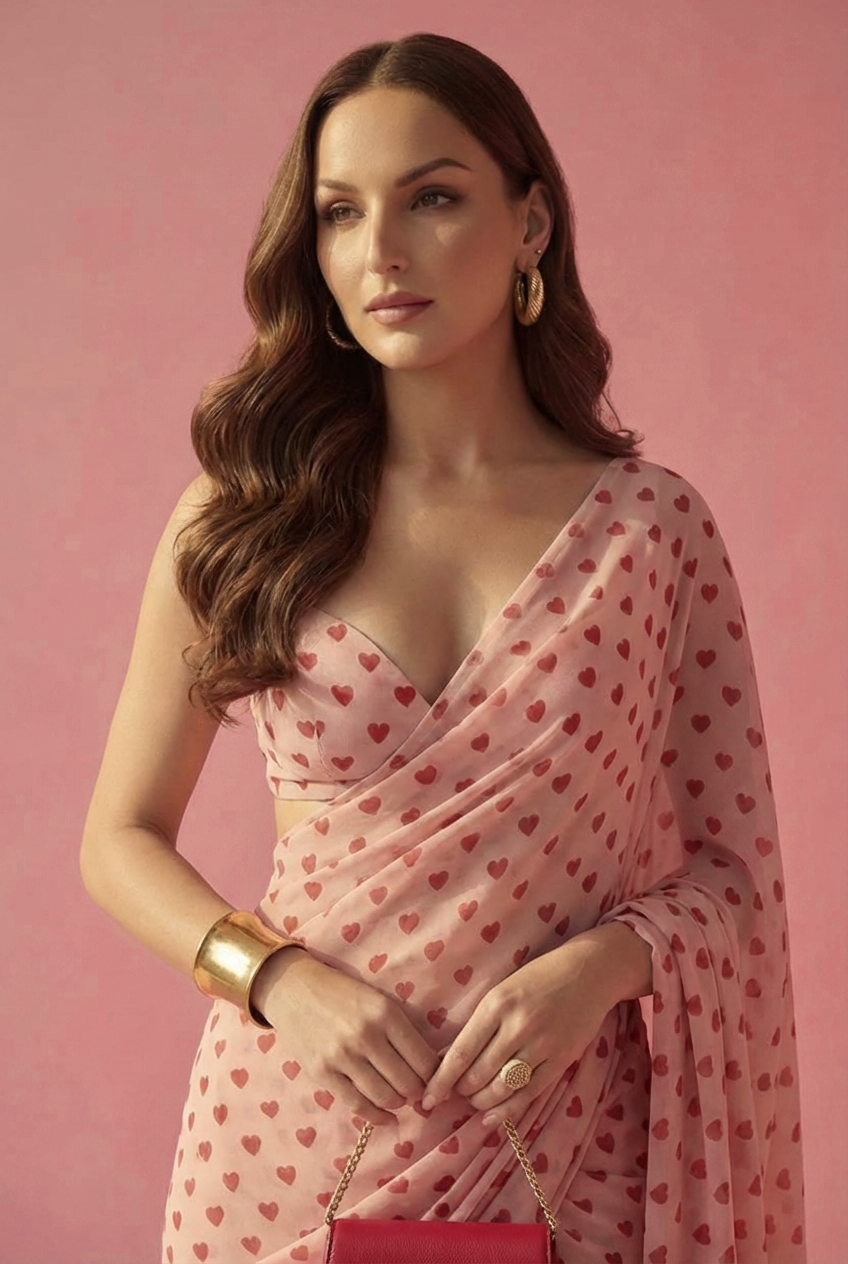 Blush Peach Mini Hearts Silk Blend Saree