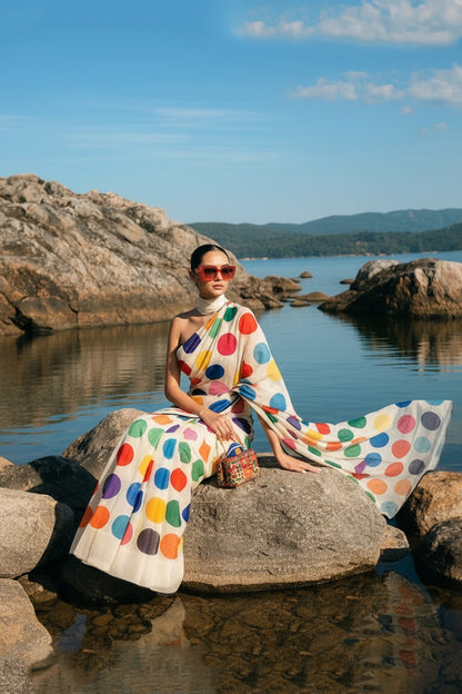 White Multicolour Polka Dot Silk Blend Saree