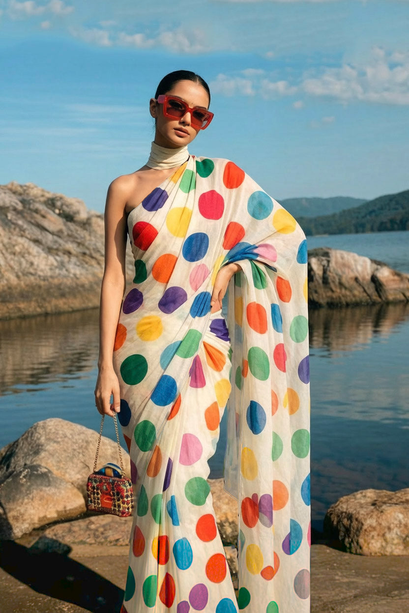 White Multicolour Polka Dot Silk Blend Saree
