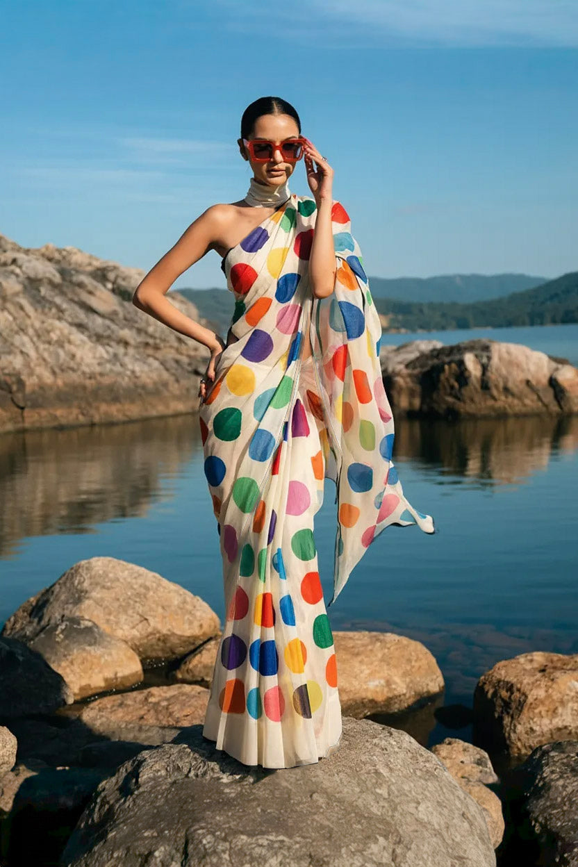White Multicolour Polka Dot Silk Blend Saree