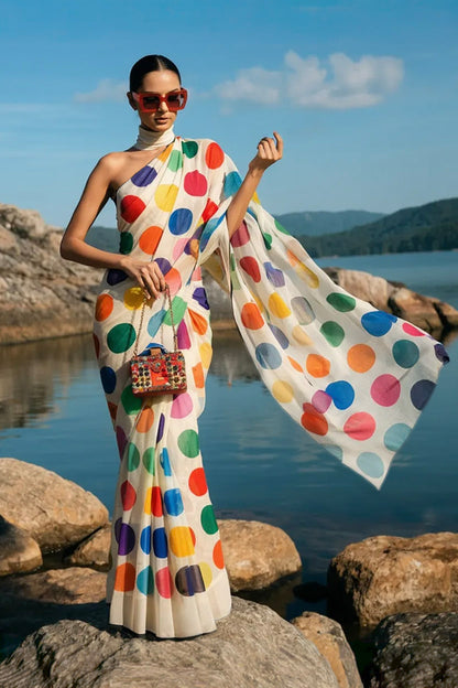 White Multicolour Polka Dot Silk Blend Saree