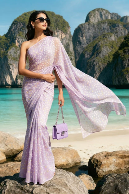 Lavender Polka Dot Silk Blend fabric Saree