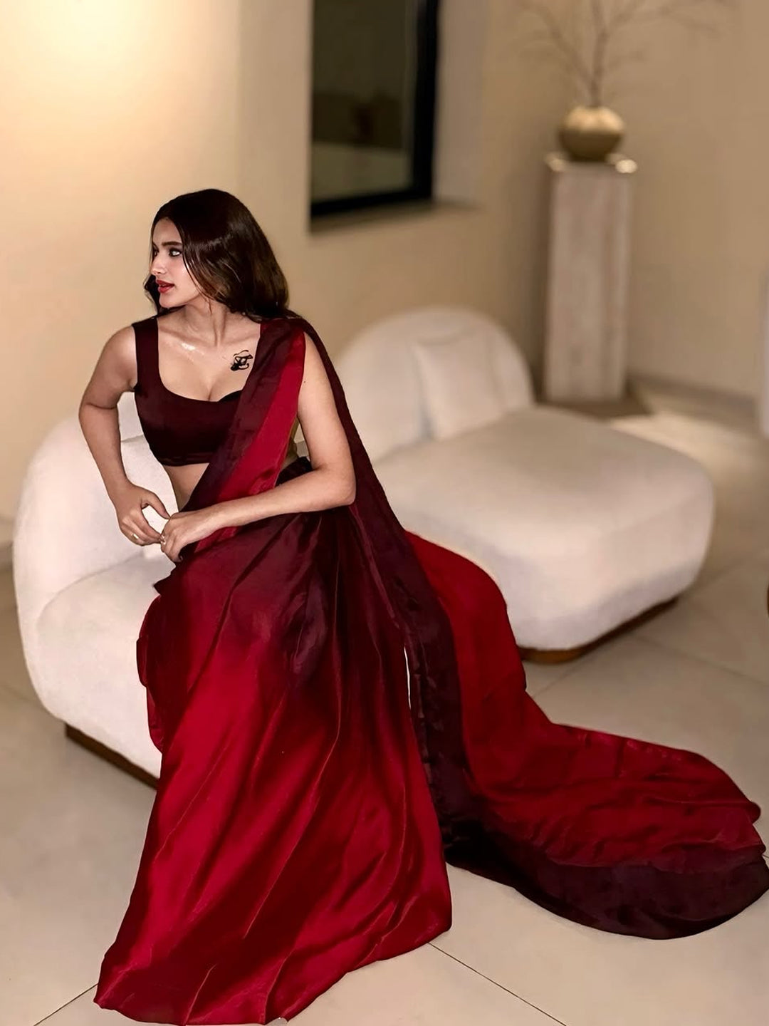 Stunning Red Ombre Satin Silk Saree - Gradient Designer Drape