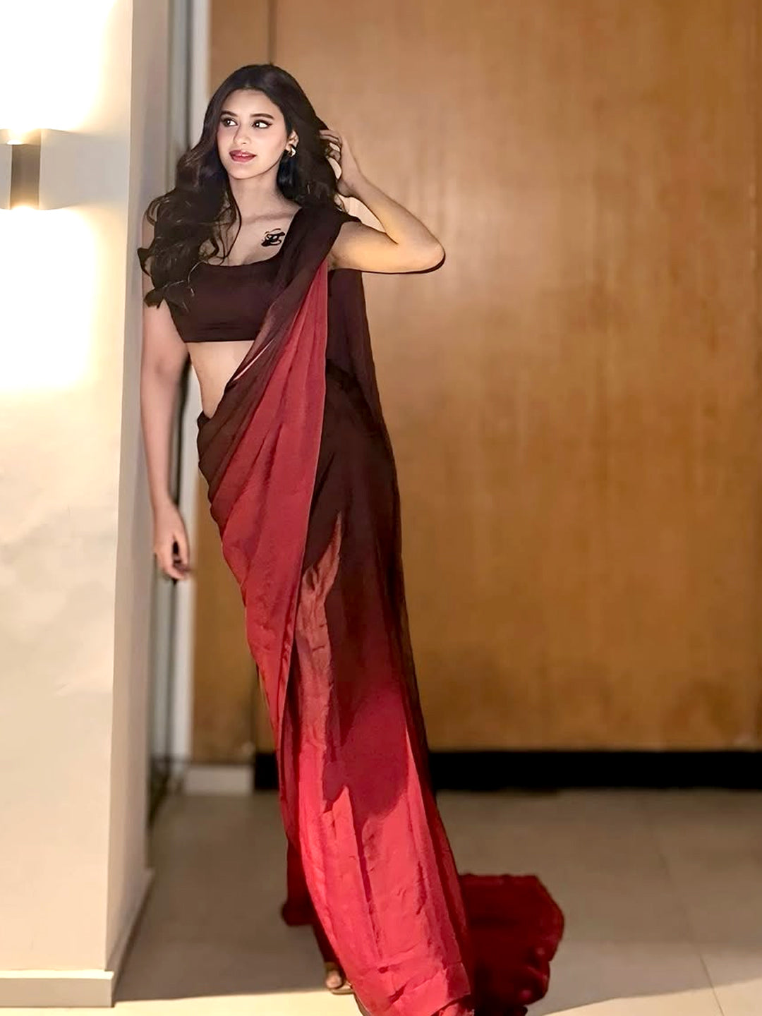 Stunning Red Ombre Satin Silk Saree - Gradient Designer Drape