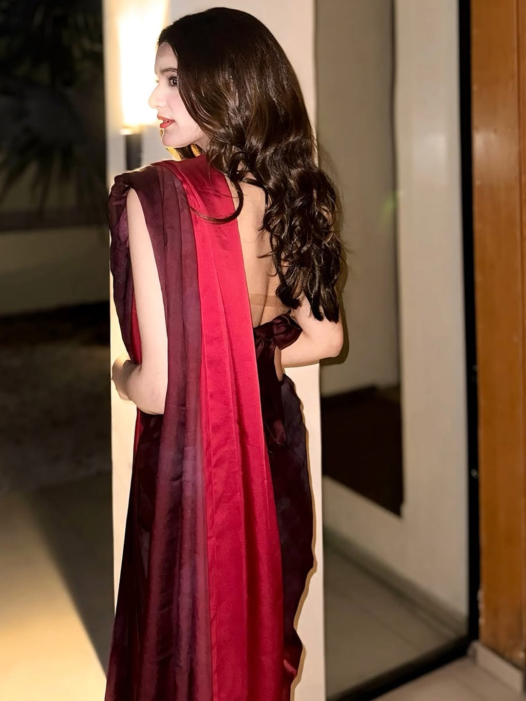 Stunning Red Ombre Satin Silk Saree - Gradient Designer Drape