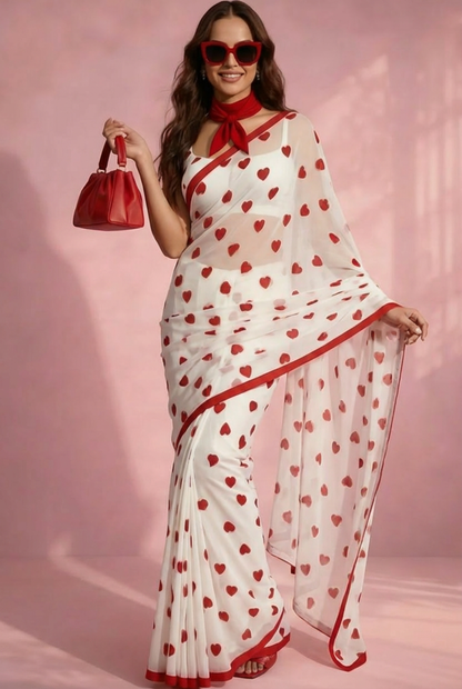 White Red Hearts printed Silk Blend Saree