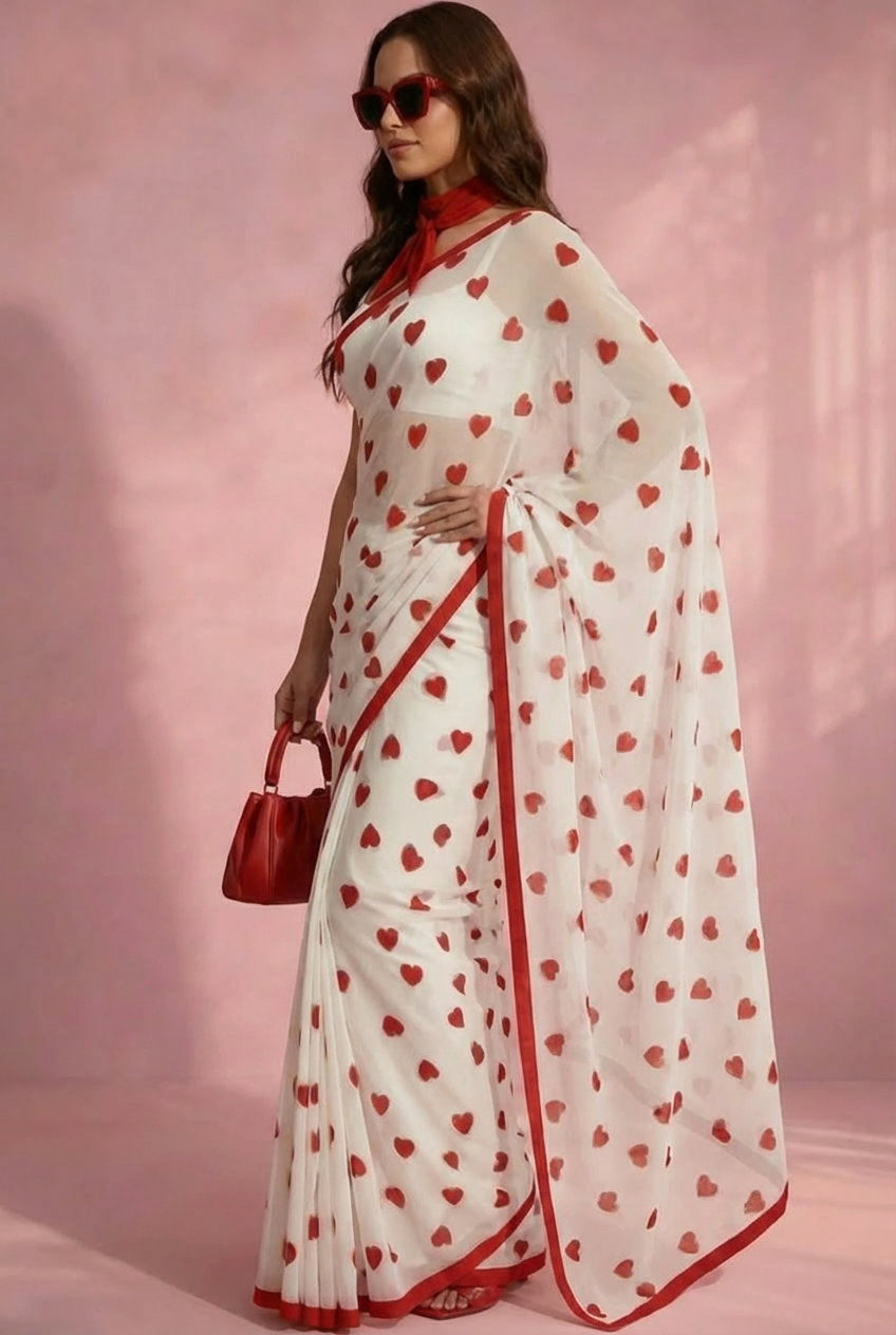 White Red Hearts printed Silk Blend Saree