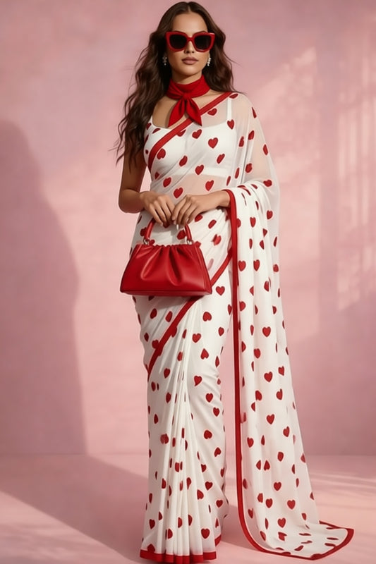 White Red Hearts printed Silk Blend Saree