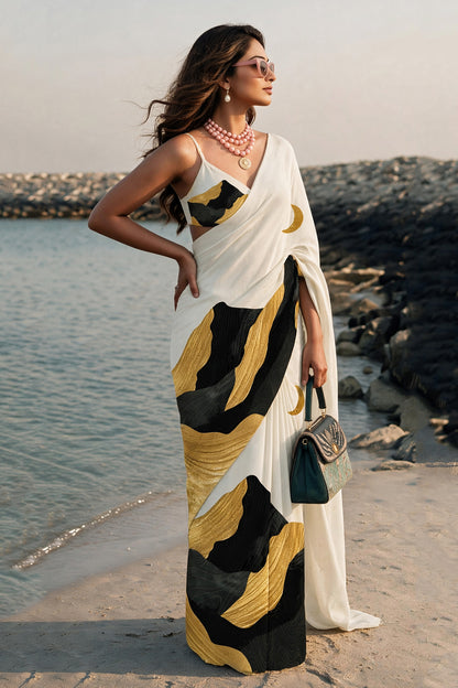 Ivory Black Yellow Abstract Silk Blend Saree