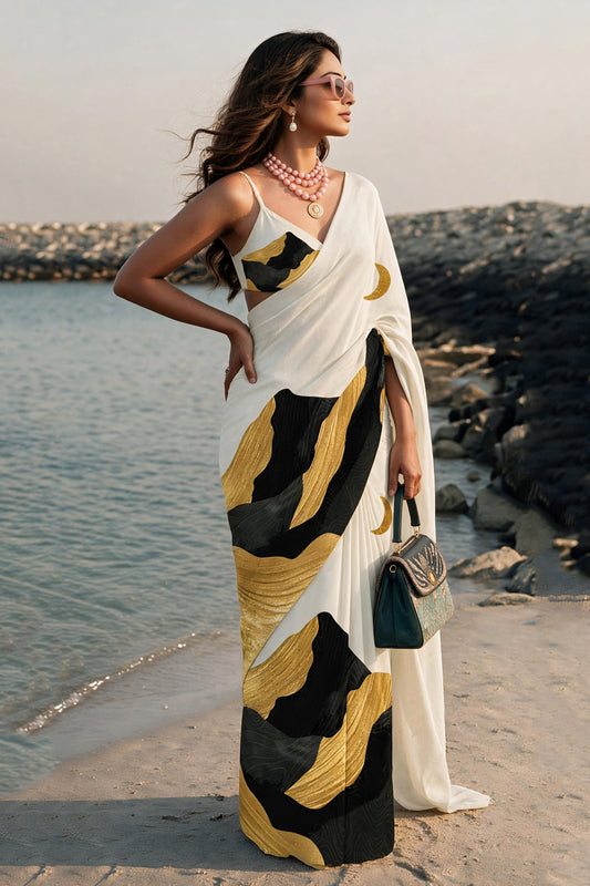 Ivory Black Yellow Abstract Silk Blend Saree
