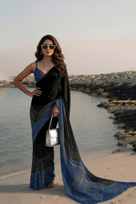Midnight Blue Wave Print Silk Blend Saree