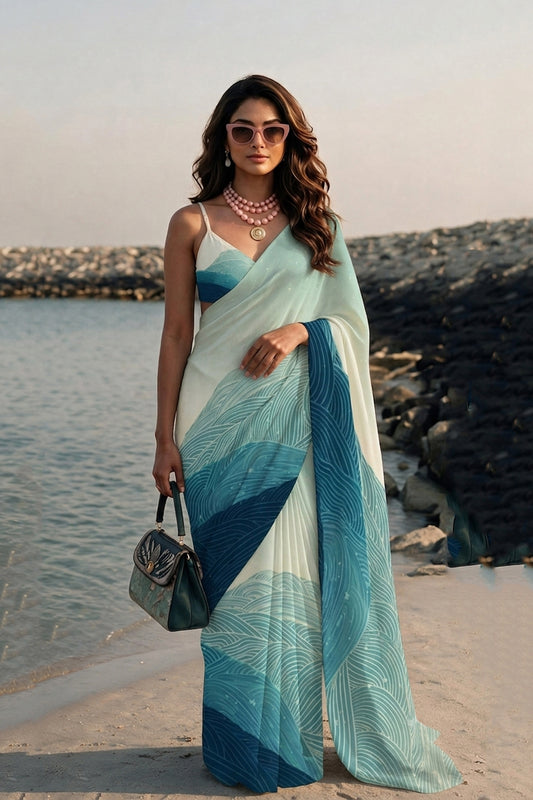 Aqua Wave Print Silk Blend Saree