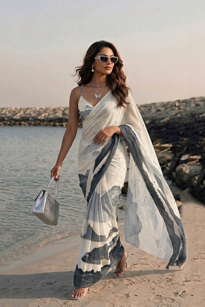 Ivory Grey Abstract Print Silk Blend Saree